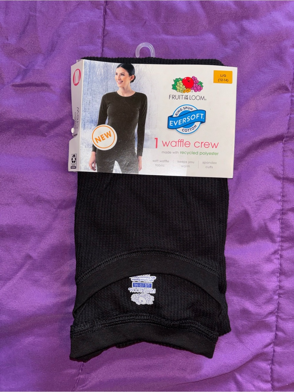 Fruit of the Loom Women’s Black Waffle Crew Long Sleeve Top